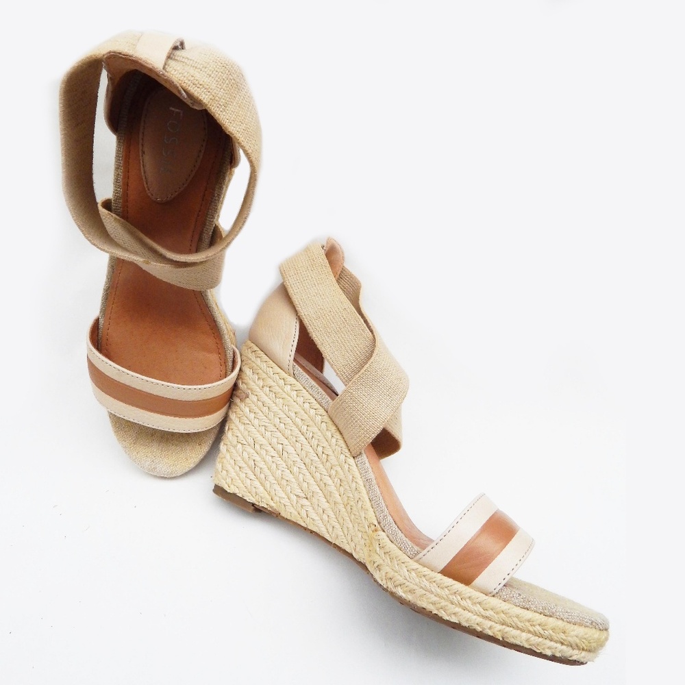 Fossil Canvas and Leather Wedge Espadrille Sandals